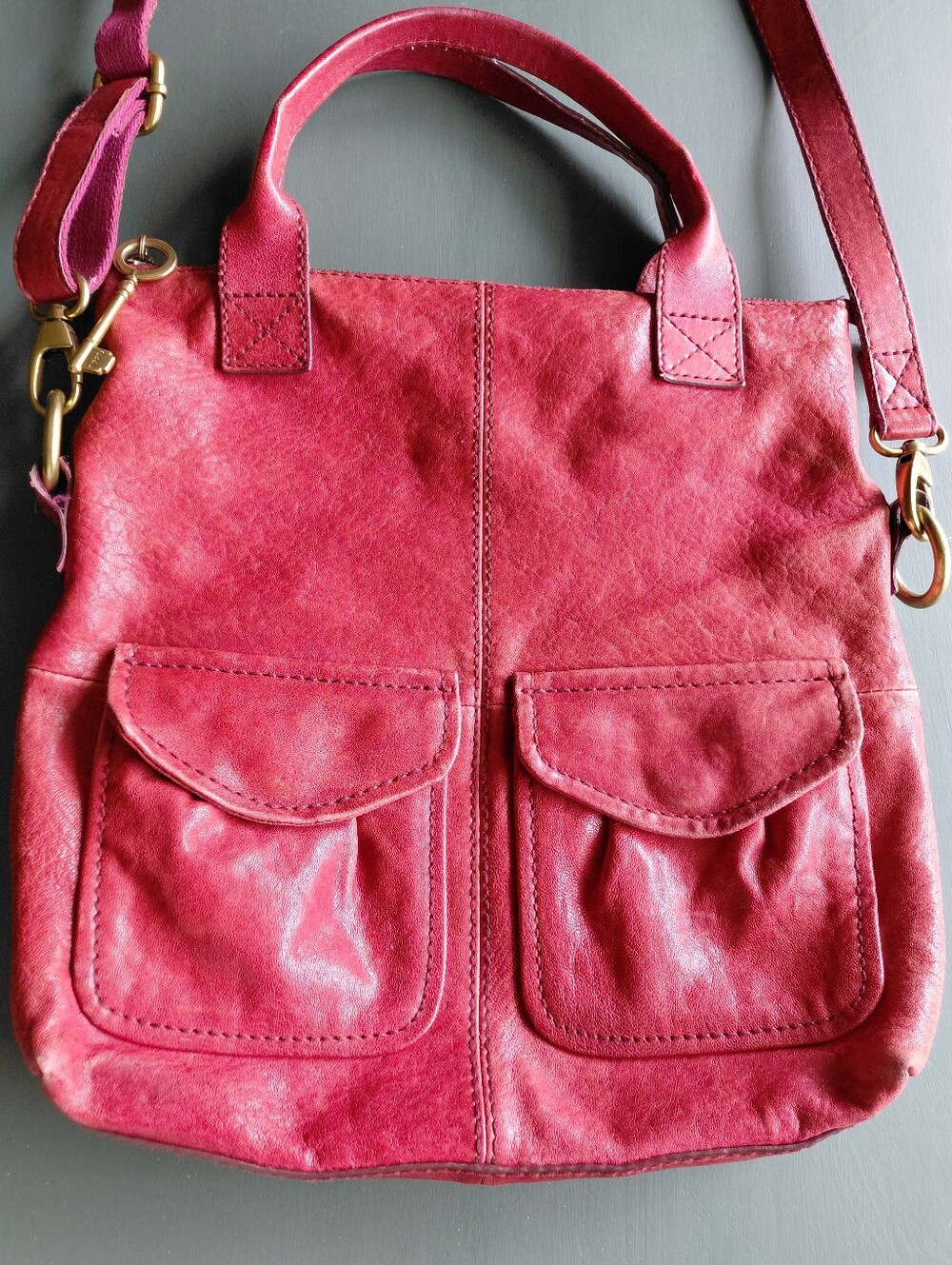 Fossil Red Leather Fold Over Long Live Vintage Crossbody Bag